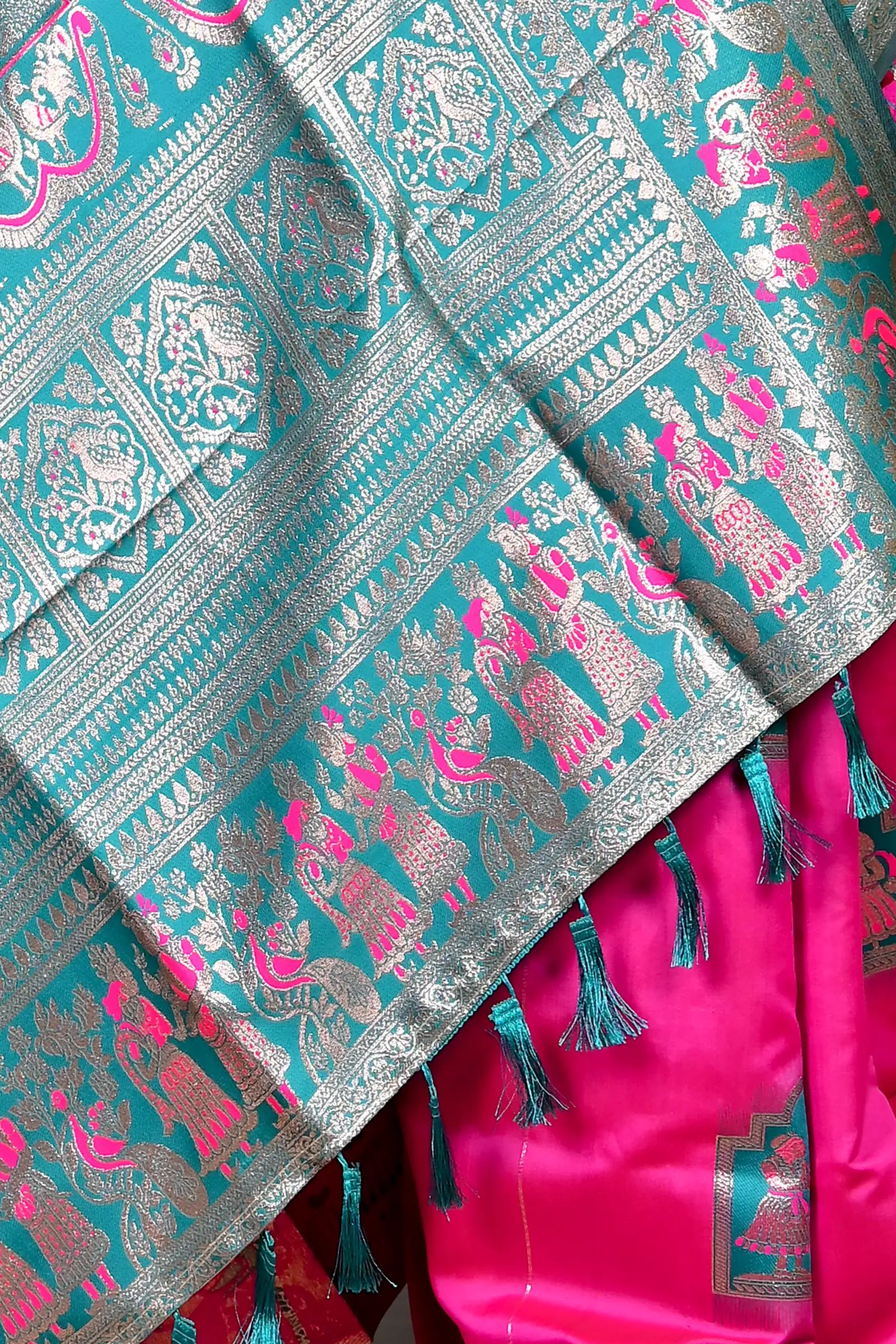 Dark Pink Green Cotton Silk Parza Baluchari Saree (585)